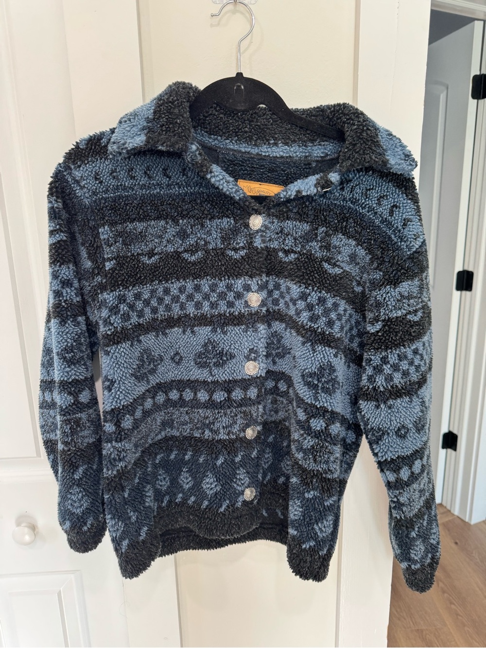 Plush Blue & Black Button-Front Women's Cardigan Sweater